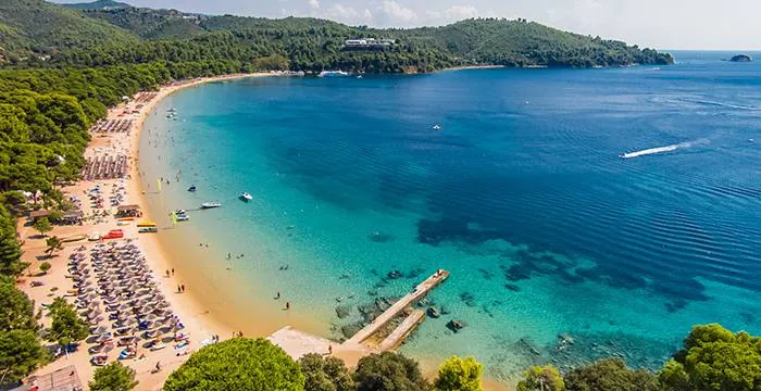 Koukounaries beach from above, golden sand and turquoise water